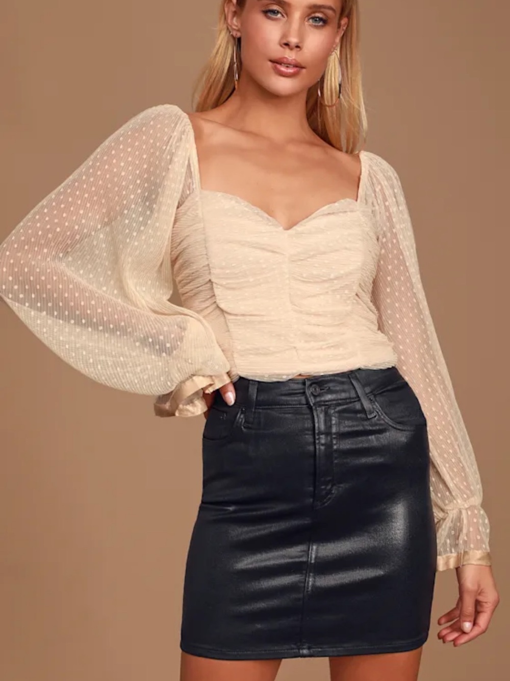 Lulus Ivory Swiss Dot Ruched Long Sleeve Crop Top